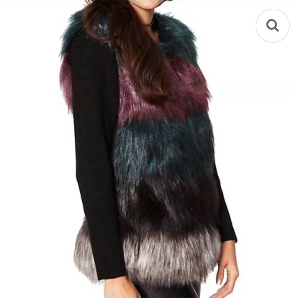 NY & Company Multicolor Colorblock Faux Fur Vest With Long Knit Sleeve Size L
